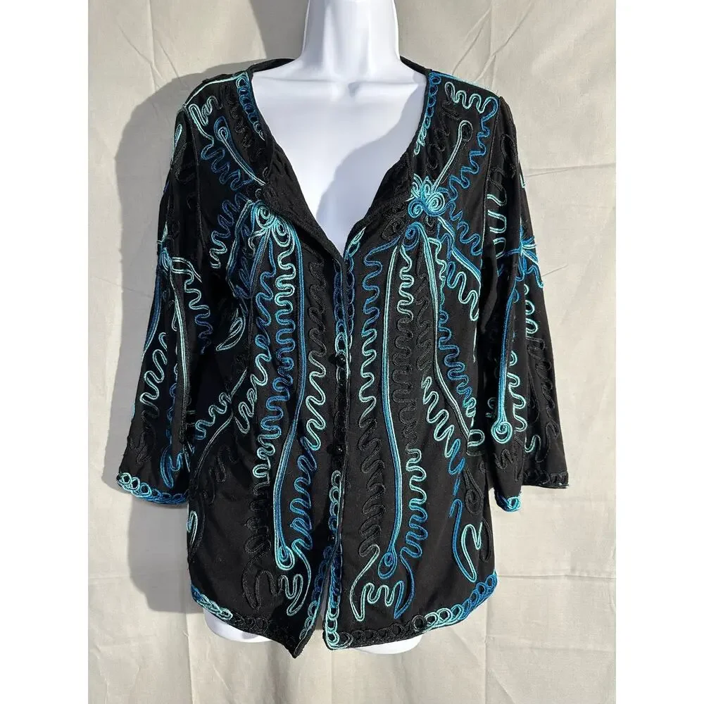 90s Vintage Jacket Medium Black Embroidered Cottage Western Boho Blue Bohemian